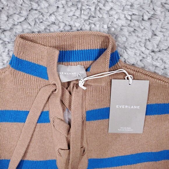 Everlane Lace Up Smock Sweater Knit Chestnut Brown Blue Striped Size XXS Wool - Picture 5 of 10